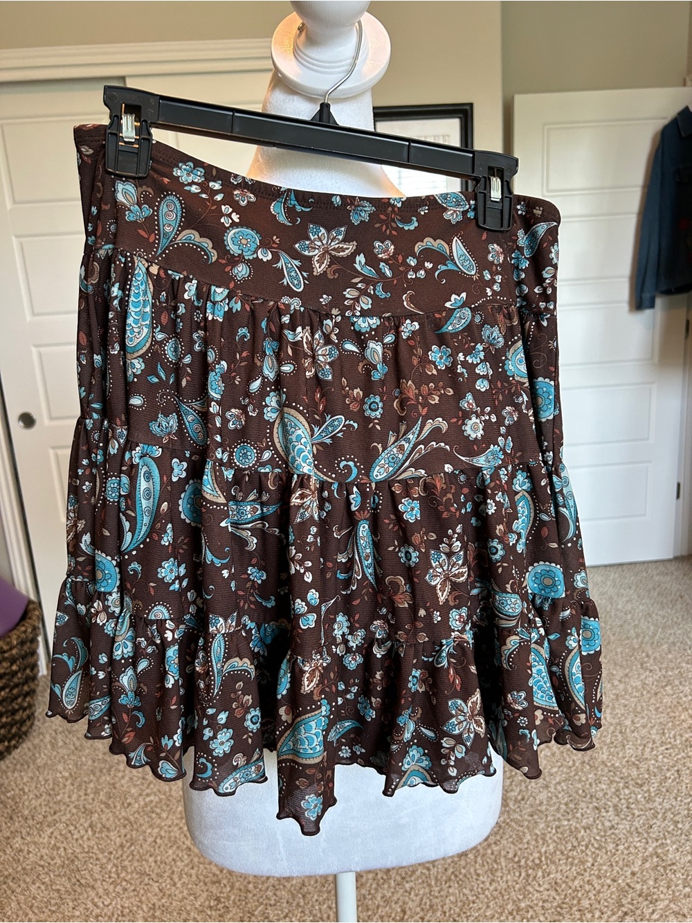 GEORGE Boho Tiered Mini Skirt Brown with Blue Flowers Size Medium